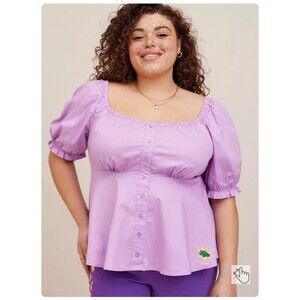 NWT Torrid Disney Tangled Rapunzel Peplum Top Purple Stretch‎ Poplin Size 3X